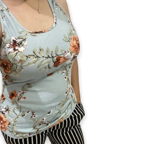 New Woman’s Spring Summer Boho Mint Blue Floral Print Racerback Casual Tank Top - Picture 11 of 11